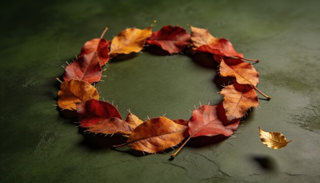 Arranging circular wreath of dried autumn leaves on green tabletop, showing detached golden leaf