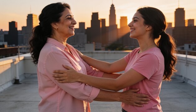 Embracing mother and daughter wearing pink tops and smiling on rooftop at sunset, with parapet wall