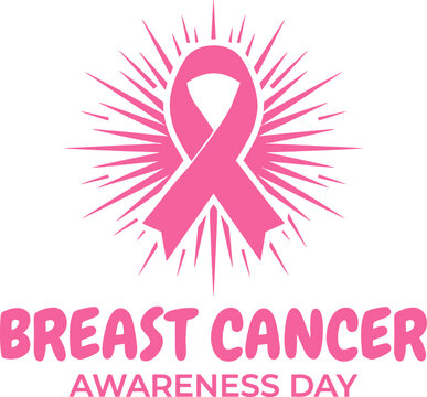 Pink breast cancer awareness vector graphic illustration featuring ribbon symbol and sunburst background rays for annual health campaign
