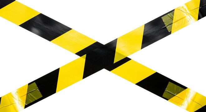 Caution tape crossing pattern with bright yellow and black diagonal stripes on transparent background