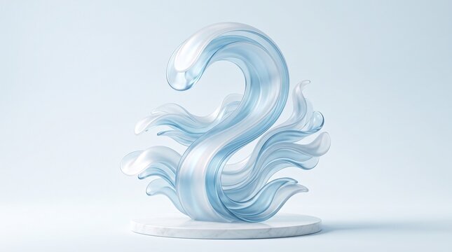 Elegant, translucent blue abstract sculpture resembling a stylized wave or flowing liquid, rendered in smooth, polished material with subtle highlights against a clean, minimalist white background.