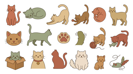 Obraz premium Collection of cute cartoon cats in various poses and activities, isolated on white background.
