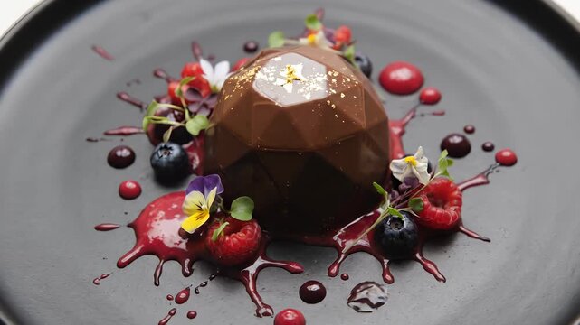 Gourmet Chocolate Geometric Dome Dessert with Fresh Berries