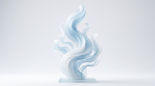 Abstract white and light blue sculptural art piece featuring fluid, flame-like swirling curves on a simple glass base against a minimalist white background