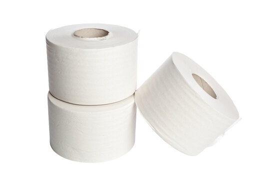 Three rolls of white paper towels stacked in a simple arrangement on a plain background
