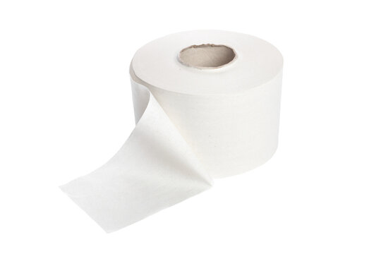 Roll of white toilet paper on a plain background with part of the paper hanging down