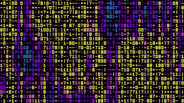 Abstract digital data stream with glowing yellow numbers and purple cyber code on dark background