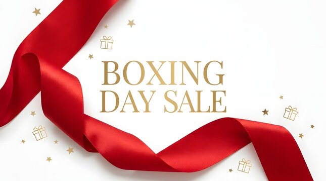 Boxing day sale golden text with elegant red ribbon on white background