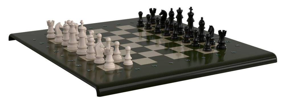 Chess pieces on the board in the starting position. Isolated. Transparent background. 3D Rendering.	