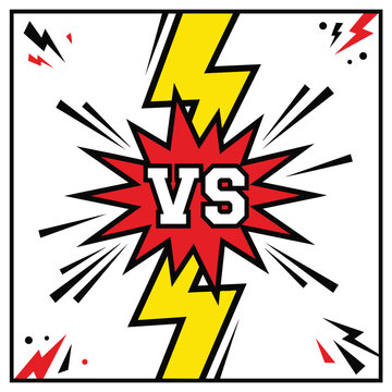 Comic book versus emblem vector background with bold VS lettering, explosive starburst, lightning bolts, dramatic action lines and energetic retro pop art battle design