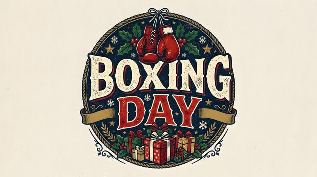 Festive boxing day illustration featuring red boxing gloves and beautiful winter holly berries design elements