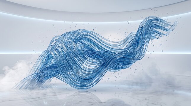 Abstract Digital Art Featuring Flowing Blue Ribbon-Like Structures Creating a Dynamic Liquid Motion Effect Against a Minimalist White Background with Subtle Environmental Reflections