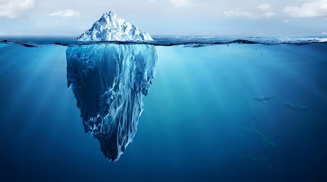 Large iceberg floating in the deep cold blue ocean with a view above and below the water surface level. iceberg metaphor