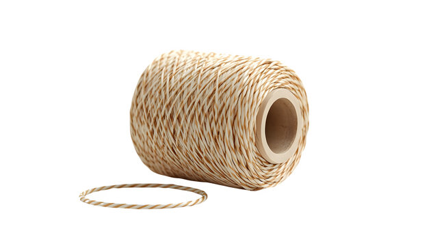 Decorative rustic baker twine spool featuring white and tan twisted cotton fibers for crafting or gift wrapping projects isolated on bright white background with clean sharp focus and natural lighting