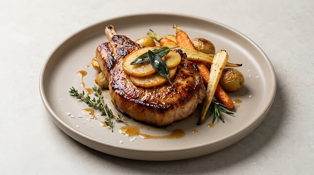 Roasted pork chop served with sliced apples and cooked carrots on a round grey plate for a gourmet dinner. chuleta de cerdo