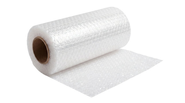 Plastic bubble wrap roll for safe packaging, transparent protective cushioning material, logistics shipping supply for fragile items isolated PNG with Transparent Background