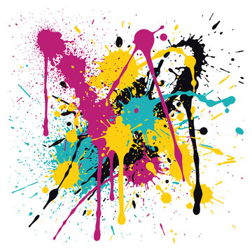 Abstract colorful vector paint splatter composition with vibrant magenta, yellow, cyan, orange and black ink strokes, drips and dynamic brush marks on a clean white background