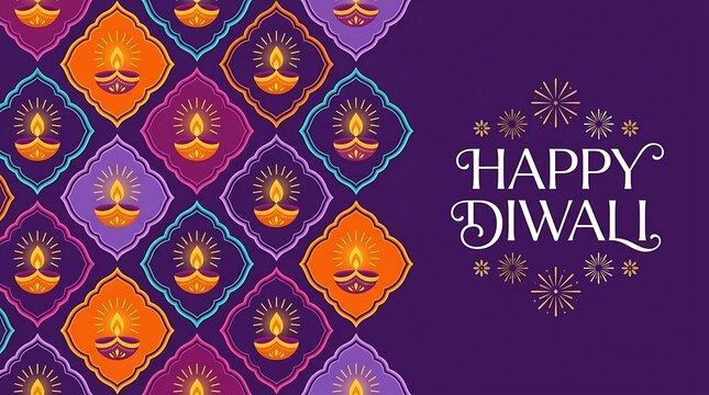 Decorative background with glowing oil lamps and traditional patterns for a festive happy diwali celebration greeting