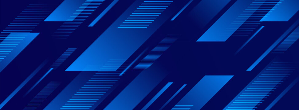 Abstract Blue Geometric Banner Background with Dynamic Slanted Lines and Modern Tech Patterns