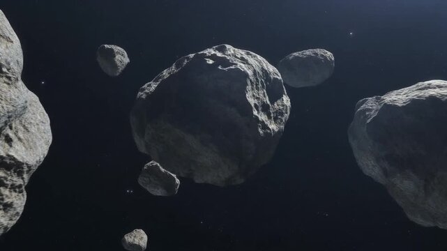 Asteroids in deep space Camera drifting past asteroids, 3D render