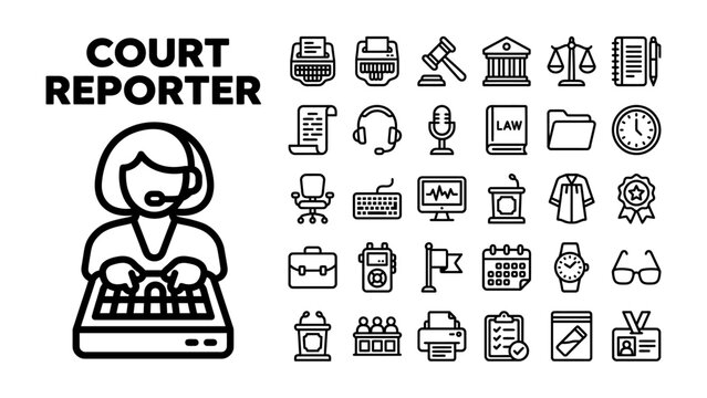 Court Reporter Icons: A collection of black and white vector icons illustrating the profession of a court reporter, including transcription equipment, legal symbols, and office tools.