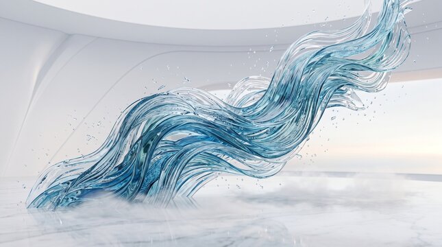Abstract flowing blue fluid sculpture with wispy white vapor in a minimalist, softly lit architectural space, evoking a sense of ethereal movement and natural forces.