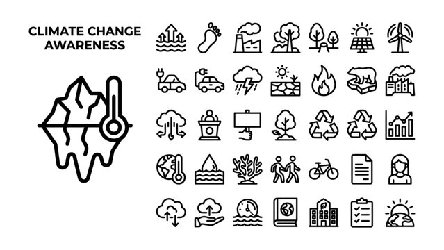 Climate Change Awareness Icons: A collection of clear, concise icons representing various aspects of climate change and environmental awareness, including global warming, renewable energy, pollution.