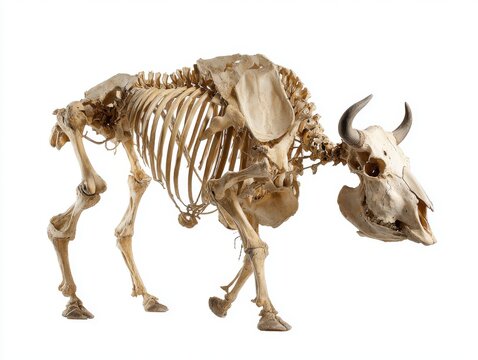 Complete Anatomical Skeleton Of A Large Bovine Bull Isolated On Plain White Background