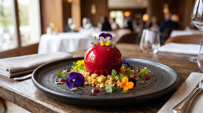 Avant-garde molecular foie gras sphere with raspberry glaze on brioche crumble, decorated with edible flowers in Michelin restaurant.