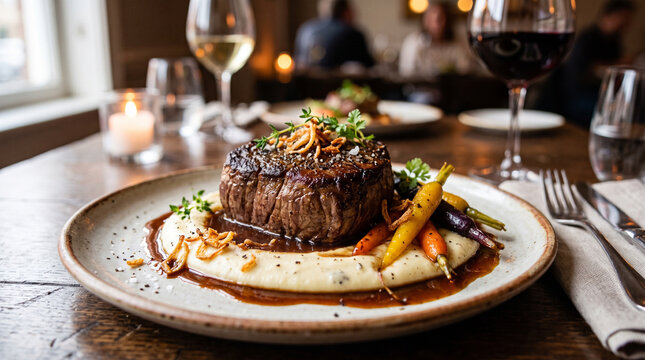 Masterfully seared beef tenderloin on white truffle potato pur&eacute;e with bone marrow jus and heritage carrots, warm ambient lighting.