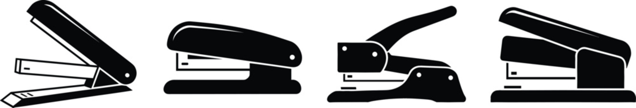 Office stapler silhouette icon set featuring various solid black stationery tool vector designs