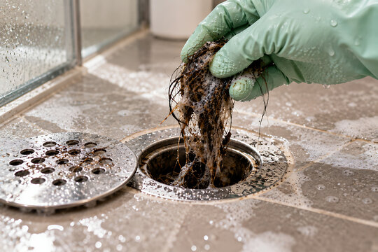 Person removing clogged hair from shower drain during cleaning
