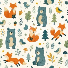 Obraz premium Cute woodland animals seamless pattern with bears, foxes, birds