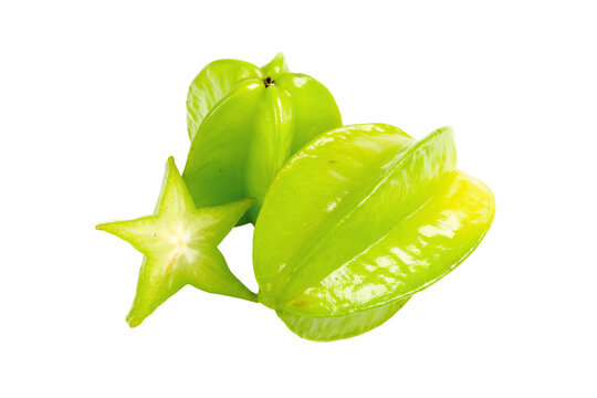 Fruit display of star fruit and carambola on white background