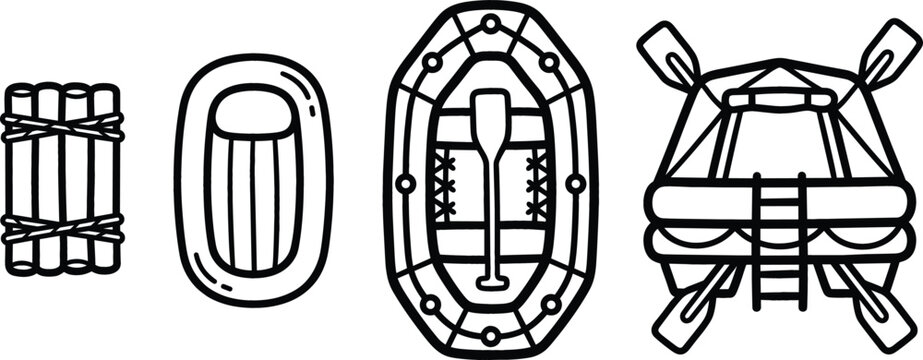 Inflatable boat and wooden raft line art icons for outdoor adventure and water rescue