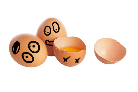 Three eggs with faces, one cracked and empty, placed on a white background