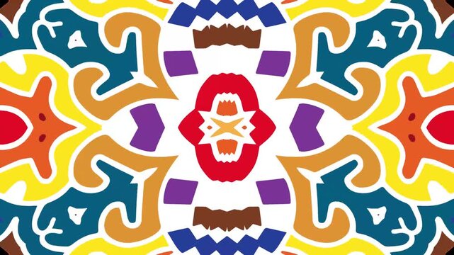 Traditional ethnic abstract art transforms into colorful psychedelic kaleidoscope patterns, creating a dynamic swirling background for music festival.