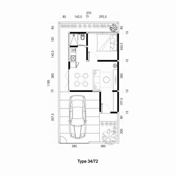 Minimalist House Floor Plan Layout Type 34/72 Animated Blueprint 2D Architectural Line Art Drawing.