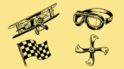 Vintage aviation elements collection featuring biplane propeller pilot goggles and checkered flag hand drawn illustration for t-shirt design print and apparel © AriskaRizqia