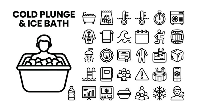 Cold Plunge and Ice Bath Icons: A collection of vector icons illustrating the process and benefits of cold plunges and ice baths, including a person in a tub with ice, bath accessories.