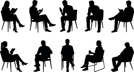 Fototapeta premium Set of silhouettes of people sitting on chairs reading books and using mobile phones
