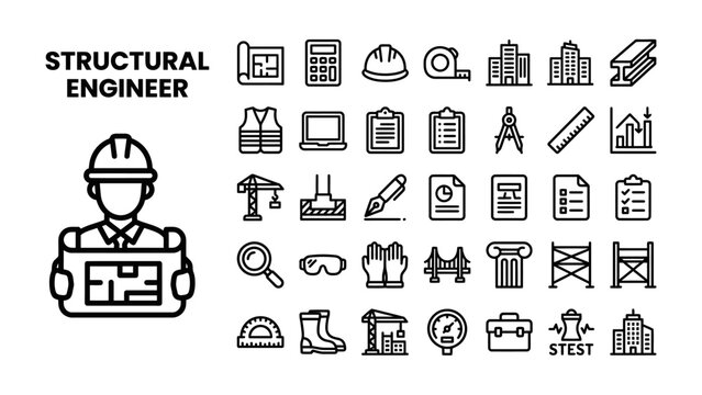 Structural Engineer Icon Set: A comprehensive collection of line art icons representing the tools, equipment, and concepts associated with structural engineering, including blueprints, calculators.