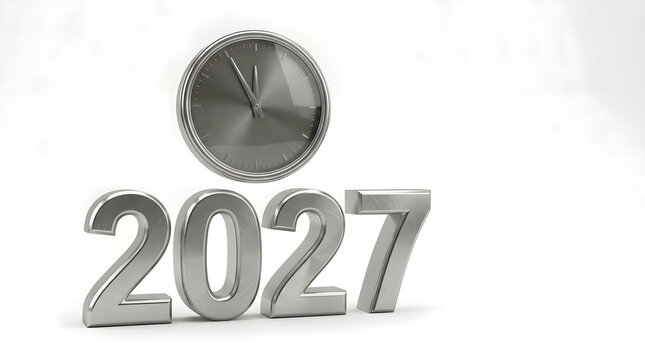 Silver 2027 numbers with clock face signifying time passing and new year arrival on white background.