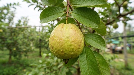 Fototapeta premium Fresh guava fruit hanging on a tree branch in an orchard