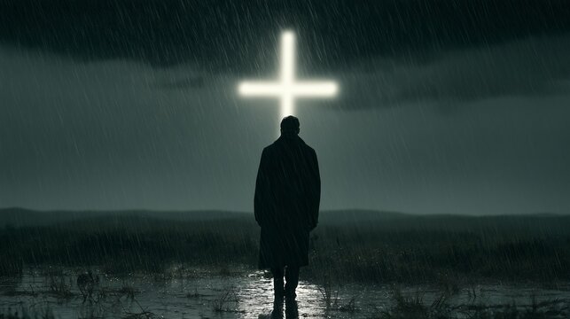 Silhouette of a man in rain with a glowing cross above him during a dark time