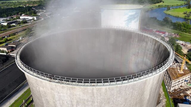 Industrial cooling tower emits steam as seen from above, showcasing the gradual release of vapor into the atmosphere. Environment pollution. Concept of ecology protection and clear air. Aerial view