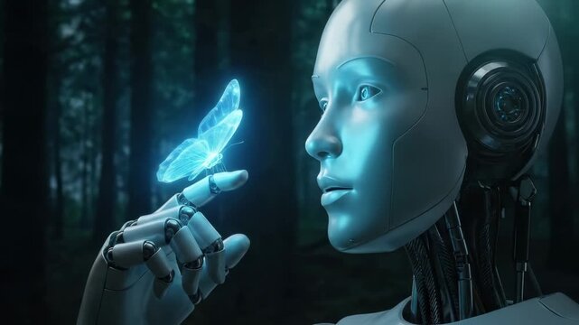 Futuristic Robot Examining Glowing Holographic Butterfly in Forest