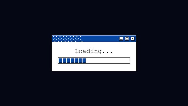 Retro Computer Loading Bar Animation in Vintage Window Interface on Dark Background