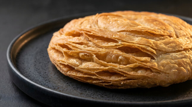 Delicious golden brown layered pastry on a dark textured plate a close up shot showcasing the flaky texture and appetizing appearance of this freshly baked culinary delight perfect for food blogs