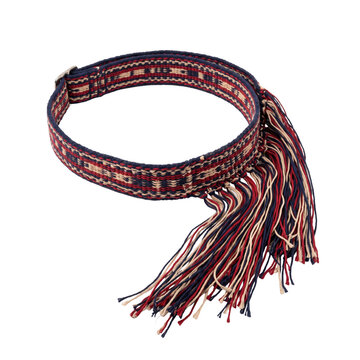 Woven tricolor belt with fringe isolated on a transparent background